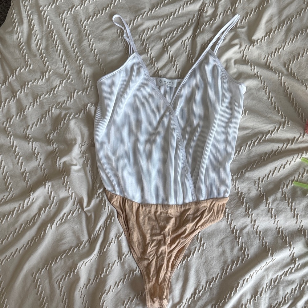 Wayf White Ribbed V-Neck Bodysuit with Tan Lower Panel